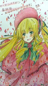 Rating: Safe Score: 0 Tags: 1girl blonde_hair blue_eyes blush bonnet bowtie dress drill_hair flower green_hair image long_hair looking_at_viewer open_mouth petals pink_flower red_dress rose rose_petals shinku smile solo traditional_media twintails watercolor_(medium) User: admin