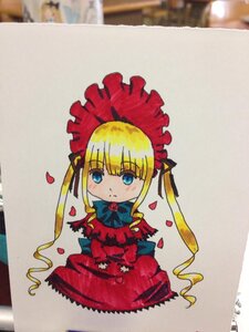 Rating: Safe Score: 0 Tags: 1girl blonde_hair blue_eyes blush bonnet bow bowtie dress image long_hair long_sleeves looking_at_viewer petals photo red_dress shinku sidelocks solo traditional_media twintails User: admin