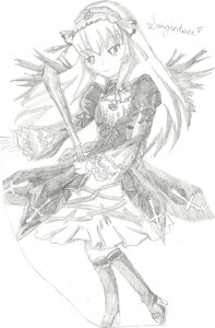 Rating: Safe Score: 0 Tags: 1girl boots dress frills greyscale hairband image long_hair long_sleeves looking_at_viewer monochrome rose smile solo standing suigintou traditional_media white_background wings User: admin