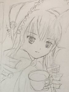 Rating: Safe Score: 0 Tags: 1girl choker dress eyebrows_visible_through_hair flower greyscale image long_hair looking_at_viewer monochrome rose shinku simple_background sketch smile solo traditional_media upper_body white_background User: admin