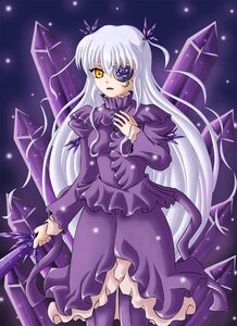 Rating: Safe Score: 0 Tags: 1girl barasuishou dress eyepatch frills hair_ribbon image long_hair long_sleeves looking_at_viewer purple_dress ribbon silver_hair solo standing very_long_hair yellow_eyes User: admin