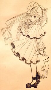 Rating: Safe Score: 0 Tags: 1girl bangs bow capelet dress full_body image lolita_fashion long_hair long_sleeves looking_at_viewer monochrome patchouli_knowledge shinku shoes simple_background solo standing stuffed_animal stuffed_bunny teddy_bear traditional_media very_long_hair User: admin