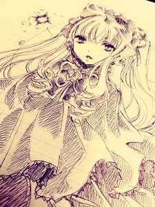 Rating: Safe Score: 0 Tags: 1girl dress earrings flower image jewelry long_hair looking_at_viewer monochrome rose shinku solo traditional_media User: admin