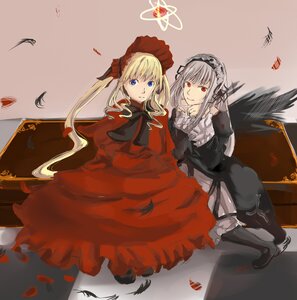 Rating: Safe Score: 0 Tags: 2girls black_wings blonde_hair blue_eyes bonnet dress hairband image long_hair long_sleeves looking_at_viewer multiple_girls pair red_dress red_eyes rose shinku silver_hair sitting suigintou twintails wings User: admin