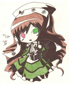 Rating: Safe Score: 0 Tags: 1girl brown_hair chibi dress flower green_eyes hat heterochromia image long_hair looking_at_viewer red_eyes simple_background solo striped suiseiseki traditional_media very_long_hair User: admin