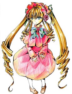 Rating: Safe Score: 0 Tags: 1girl blonde_hair blue_eyes bonnet bow bowtie dress drill_hair flower full_body image long_hair long_sleeves looking_at_viewer pink_bow pink_flower ringlets rose shinku shoes solo standing traditional_media twin_drills twintails very_long_hair white_background User: admin