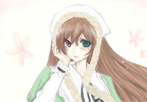 Rating: Safe Score: 0 Tags: 1girl blush brown_hair dress frills green_dress green_eyes head_scarf heterochromia image long_hair long_sleeves looking_at_viewer red_eyes simple_background solo striped_background suiseiseki upper_body vertical_stripes white_background User: admin