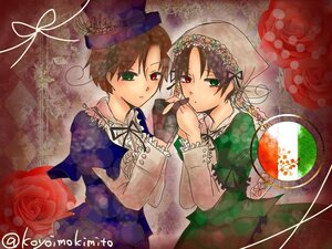Rating: Safe Score: 0 Tags: 2boys argyle_background brown_hair checkered checkered_background dress flower green_eyes hat heterochromia image long_sleeves multiple_boys pair red_eyes red_flower red_rose ribbon rose siblings sisters souseiseki suiseiseki twins User: admin