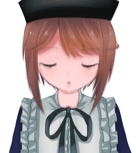 Rating: Safe Score: 0 Tags: 1girl apron black_headwear brown_hair closed_eyes dress facing_viewer frills hat image short_hair simple_background solo souseiseki upper_body white_apron white_background User: admin