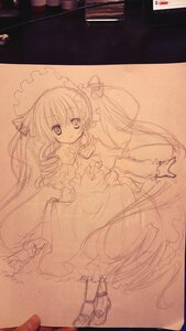 Rating: Safe Score: 0 Tags: 1girl bow detached_sleeves dress frills image long_hair long_sleeves looking_at_viewer monochrome photo shinku sketch smile solo standing traditional_media User: admin