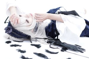 Rating: Safe Score: 0 Tags: 1girl bangs bird black_feathers blurry closed_mouth crow depth_of_field dove feathers flower hairband lace long_hair long_sleeves nail_polish ribbon rose solo striped suigintou upper_body white_background white_feathers white_hair User: admin