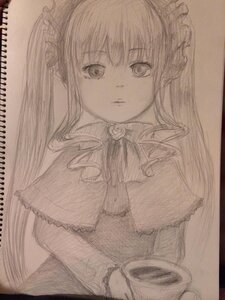 Rating: Safe Score: 0 Tags: 1girl bangs capelet cup dress frills hair_ribbon image long_hair looking_at_viewer monochrome ribbon shinku solo teacup traditional_media upper_body User: admin