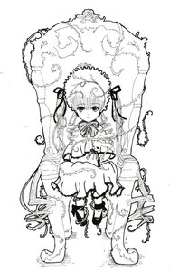 Rating: Safe Score: 0 Tags: 1girl dress image long_hair looking_at_viewer monochrome ribbon shinku sitting solo twintails User: admin