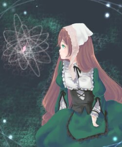 Rating: Safe Score: 0 Tags: 1girl brown_hair dress frills green_dress green_eyes image long_hair long_sleeves looking_away outdoors profile ribbon solo suiseiseki very_long_hair User: admin