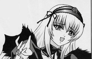 Rating: Safe Score: 0 Tags: 1girl black_wings blush dress eyebrows_visible_through_hair frills greyscale hairband image long_hair long_sleeves looking_at_viewer monochrome open_mouth ribbon smile solo suigintou upper_body wings User: admin