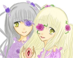 Rating: Safe Score: 0 Tags: 2girls barasuishou blonde_hair blurry depth_of_field dress eyepatch flower hair_ornament image kirakishou long_hair looking_at_viewer multiple_girls pair purple_dress purple_flower siblings silver_hair simple_background smile yellow_eyes User: admin