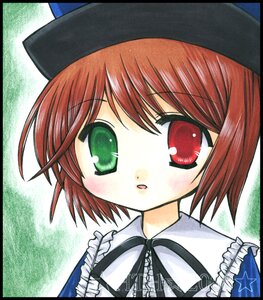 Rating: Safe Score: 0 Tags: 1girl :o black_border blush border eyebrows_visible_through_hair green_eyes hat image letterboxed looking_at_viewer marker_(medium) red_eyes ribbon short_hair simple_background solo souseiseki User: admin