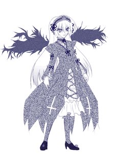 Rating: Safe Score: 0 Tags: 1girl blush dress feathered_wings frills full_body greyscale hairband image lolita_hairband long_hair long_sleeves looking_at_viewer monochrome shoes solo standing suigintou very_long_hair white_background wings User: admin