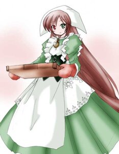 Rating: Safe Score: 0 Tags: 1girl brown_hair dress gloves green_dress green_eyes heterochromia image long_hair long_sleeves red_eyes solo suiseiseki very_long_hair weapon white_background User: admin