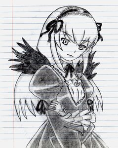 Rating: Safe Score: 0 Tags: 1girl black_wings dress emphasis_lines frills greyscale hairband image long_sleeves looking_at_viewer monochrome solo suigintou wings User: admin