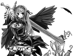 Rating: Safe Score: 0 Tags: 1girl black_wings commentary_request feathered_wings feathers frills gothic_lolita greyscale hairband image key lolita_fashion long_hair long_sleeves monochrome nabeyu photoshop_(medium) rozen_maiden solo suigintou sword thighhighs weapon wings User: admin