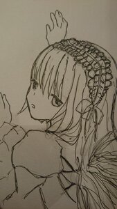 Rating: Safe Score: 0 Tags: 1girl bangs dress eyebrows_visible_through_hair frilled_hairband hair_between_eyes hairband hand_up hands_up image juliet_sleeves long_hair long_sleeves looking_at_viewer monochrome parted_lips puffy_sleeves ribbon simple_background sketch solo suigintou traditional_media very_long_hair User: admin