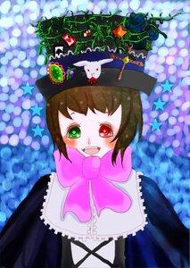 Rating: Safe Score: 0 Tags: 1girl bow dress flower green_eyes hat image open_mouth pink_bow red_eyes smile solo souseiseki star_(symbol) top_hat User: admin