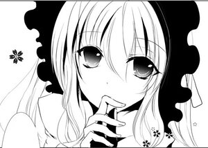 Rating: Safe Score: 0 Tags: 1girl blush bug butterfly eyebrows_visible_through_hair finger_to_mouth greyscale image insect looking_at_viewer monochrome portrait shinku solo upper_body User: admin