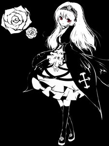 Rating: Safe Score: 0 Tags: 1girl dress flower full_body greyscale hairband image long_hair long_sleeves looking_at_viewer monochrome pink_rose red_eyes rose solo spot_color suigintou User: admin