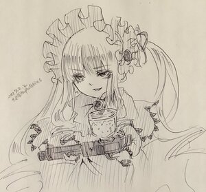 Rating: Safe Score: 0 Tags: 1girl cup dress frills holding_cup image long_hair long_sleeves looking_at_viewer monochrome rose shinku sketch solo traditional_media upper_body User: admin