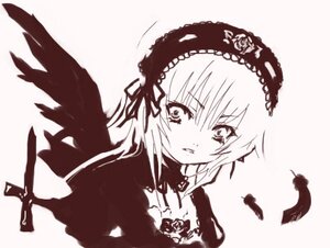 Rating: Safe Score: 0 Tags: 1girl bangs black_wings blush dress eyebrows_visible_through_hair feathers flower frills hairband image long_hair long_sleeves looking_at_viewer monochrome parted_lips rose simple_background solo striped suigintou upper_body white_background wings User: admin