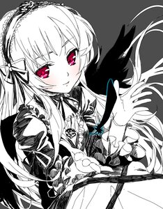 Rating: Safe Score: 0 Tags: 1girl blush closed_mouth dress frills hairband image lolita_hairband long_hair long_sleeves looking_at_viewer monochrome pink_eyes ribbon simple_background solo spot_color suigintou upper_body wings User: admin