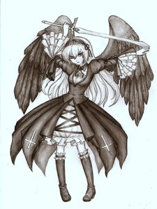 Rating: Safe Score: 0 Tags: 1girl arms_up black_wings dress feathered_wings frills full_body hairband image long_hair long_sleeves looking_at_viewer monochrome solo standing suigintou traditional_media weapon wings User: admin