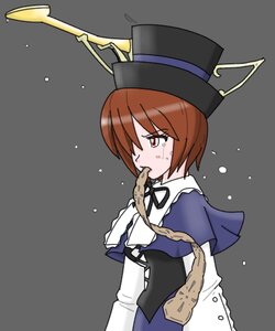 Rating: Safe Score: 0 Tags: 1girl brown_hair capelet dress grey_background hat image long_sleeves red_eyes short_hair simple_background solo souseiseki top_hat User: admin