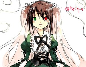 Rating: Safe Score: 0 Tags: 1girl brown_hair costume_switch dress green_dress green_eyes heterochromia image long_hair long_sleeves looking_at_viewer open_mouth red_eyes simple_background solo suiseiseki tears twintails twitter_username very_long_hair white_background User: admin