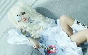 Rating: Safe Score: 0 Tags: 1girl blonde_hair boots curtains dress eyepatch flower kirakishou knee_boots lips long_hair sitting solo white_hair User: admin