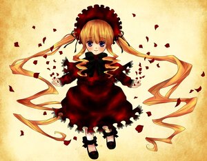 Rating: Safe Score: 0 Tags: 1girl blonde_hair blue_eyes blush bonnet bow bowtie dress flower full_body image long_hair long_sleeves looking_at_viewer petals red_dress rose_petals shinku solo standing twintails very_long_hair yellow_background User: admin