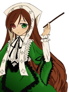 Rating: Safe Score: 0 Tags: 1girl black_ribbon brown_hair dress frills green_dress green_eyes head_scarf heterochromia holding image long_hair long_sleeves looking_at_viewer red_eyes ribbon simple_background solo suiseiseki very_long_hair white_background User: admin