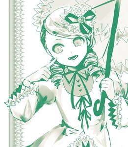 Rating: Safe Score: 0 Tags: 1girl dress drill_hair frilled_sleeves frills green_theme hat image kanaria long_sleeves looking_at_viewer monochrome open_mouth ribbon smile solo traditional_media User: admin