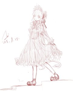 Rating: Safe Score: 0 Tags: 1girl dated full_body image long_hair long_sleeves looking_at_viewer monochrome shinku sketch skirt smile solo standing User: admin