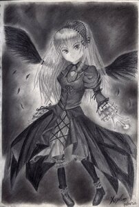 Rating: Safe Score: 0 Tags: 1girl boots dress feathers frills full_body greyscale hairband image long_hair long_sleeves looking_at_viewer monochrome solo standing suigintou traditional_media wings User: admin