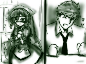 Rating: Safe Score: 0 Tags: 1boy 1girl blush chain dress image long_sleeves monochrome necktie solo suiseiseki tears User: admin