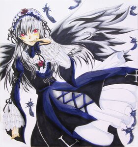 Rating: Safe Score: 0 Tags: 1girl black_wings dress feathers flower frills hairband image long_hair long_sleeves looking_at_viewer red_eyes ribbon rose silver_hair smile solo suigintou traditional_media wings User: admin