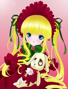 Rating: Safe Score: 0 Tags: 1girl blonde_hair blue_eyes blush bonnet bow bowtie dress flower green_bow image long_hair long_sleeves looking_at_viewer pink_background red_dress rose shinku sidelocks simple_background solo very_long_hair User: admin