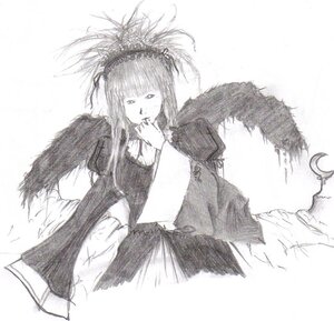 Rating: Safe Score: 0 Tags: 1girl bangs black_wings dress feathered_wings feathers greyscale hand_to_own_mouth image long_sleeves looking_at_viewer monochrome simple_background solo suigintou wings User: admin