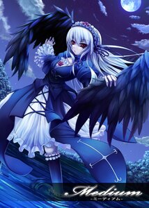 Rating: Safe Score: 0 Tags: 1girl asa_(swallowtail) bangs black_wings breasts cleavage cloud commentary_request dress eyebrows_visible_through_hair feathered_wings feathers flower frills full_moon hair_between_eyes hairband highres image lolita_hairband long_hair moon night night_sky photoshop_(medium) red_eyes rozen_maiden silver_hair sky solo star_(sky) suigintou water wings User: admin