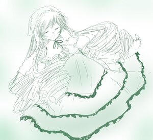 Rating: Safe Score: 0 Tags: 1girl closed_eyes dress frills green_dress image long_hair long_sleeves monochrome ribbon solo suiseiseki very_long_hair User: admin