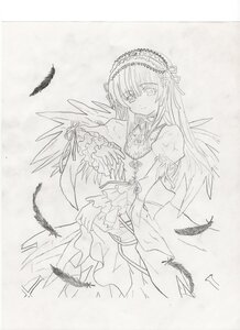 Rating: Safe Score: 0 Tags: 1girl bird dress feathered_wings feathers flower frills greyscale hairband image long_hair long_sleeves looking_at_viewer monochrome rose smile solo suigintou traditional_media wide_sleeves wings User: admin