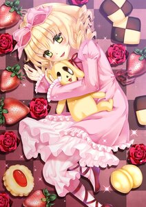 Rating: Safe Score: 0 Tags: 1girl apple argyle argyle_background blonde_hair bow cake checkered checkered_background checkered_floor dress drill_hair flower food frills fruit green_eyes hina_ichigo hinaichigo holding_fruit image on_side open_mouth pink_flower pink_rose red_flower red_rose rose shoes smile solo sparkle strawberry tile_floor tiles User: admin