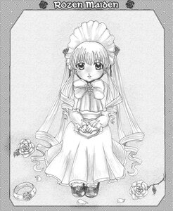 Rating: Safe Score: 0 Tags: 1girl blush bow cup dress drill_hair flower full_body greyscale image long_hair long_sleeves looking_at_viewer monochrome rose shinku sitting solo teacup twin_drills twintails very_long_hair User: admin